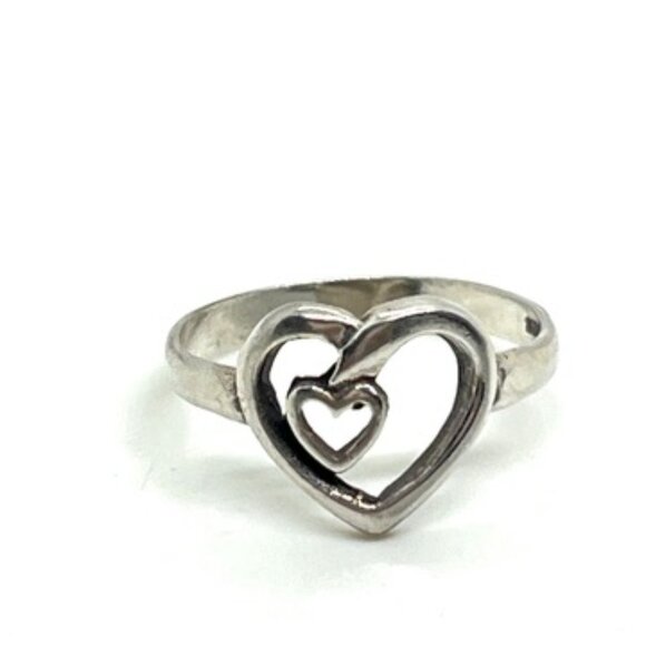VINTAGE 925 STERLING SILVER DOUBLE HEART OPEN WORK RING DAINTY SZ 5.75 - Picture 1 of 15